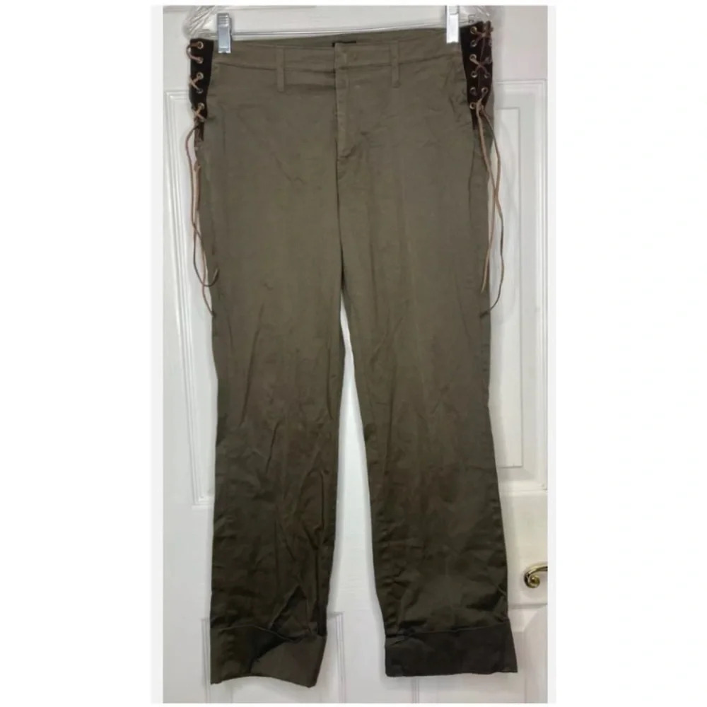 Woman TUFI DUEK green Khaki Brown Leather Side Tie Cuffed Pants Sz 42 6